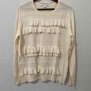 Diane Von Furstenberg Benni Sweater Merino Wool Blend Ruffles Cream Size Large*